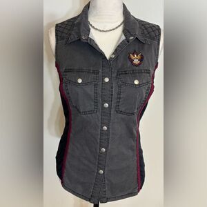 Vintage Y2K Lip Service Black & Red Sleeveless Button Down Shirt with Patch SZ S